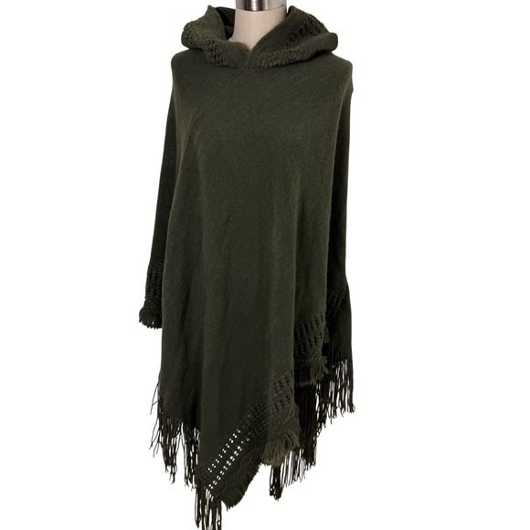 Minette Olive Green Knit Hooded Poncho Fringe O/S One Size Oversized NWT - Picture 3 of 11